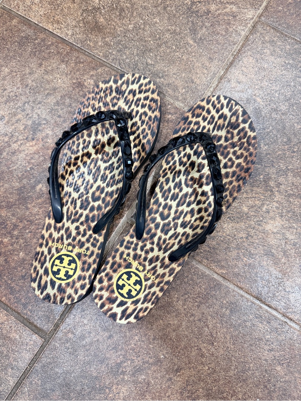 Tory Burch Leopard Print Flip Flop Sandals with Black Jelly Straps